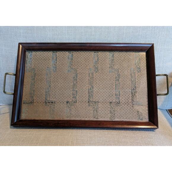 Vintage Wood Framed Lace Between Glass Serving Tray Handles Rectangle 9.5" x 15" - Picture 1 of 8